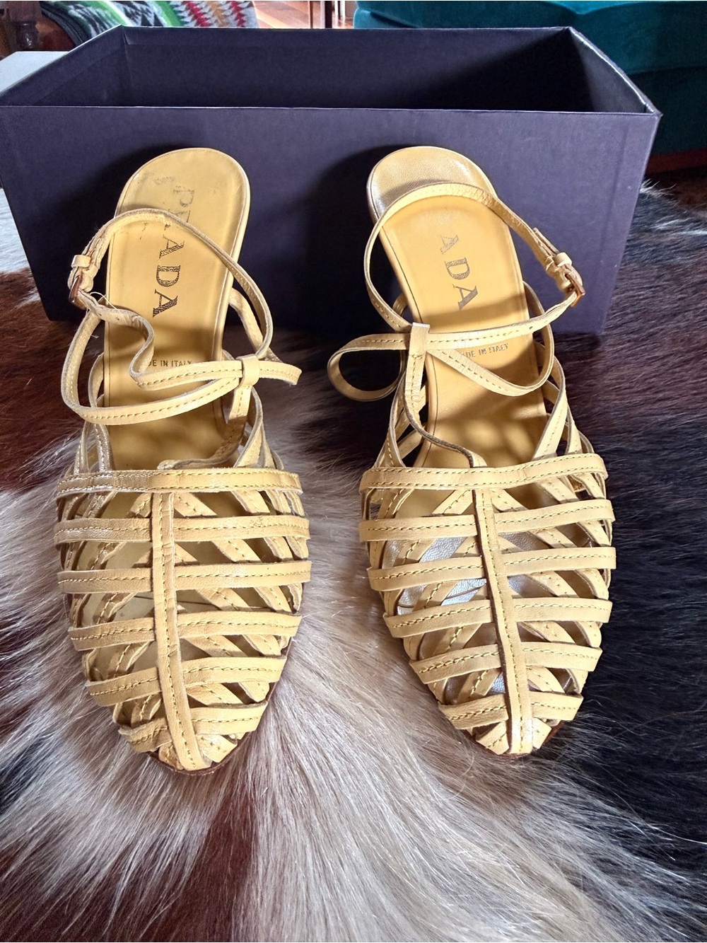 Prada Yellow Leather Woven Slingback Heels - Picture 2 of 9
